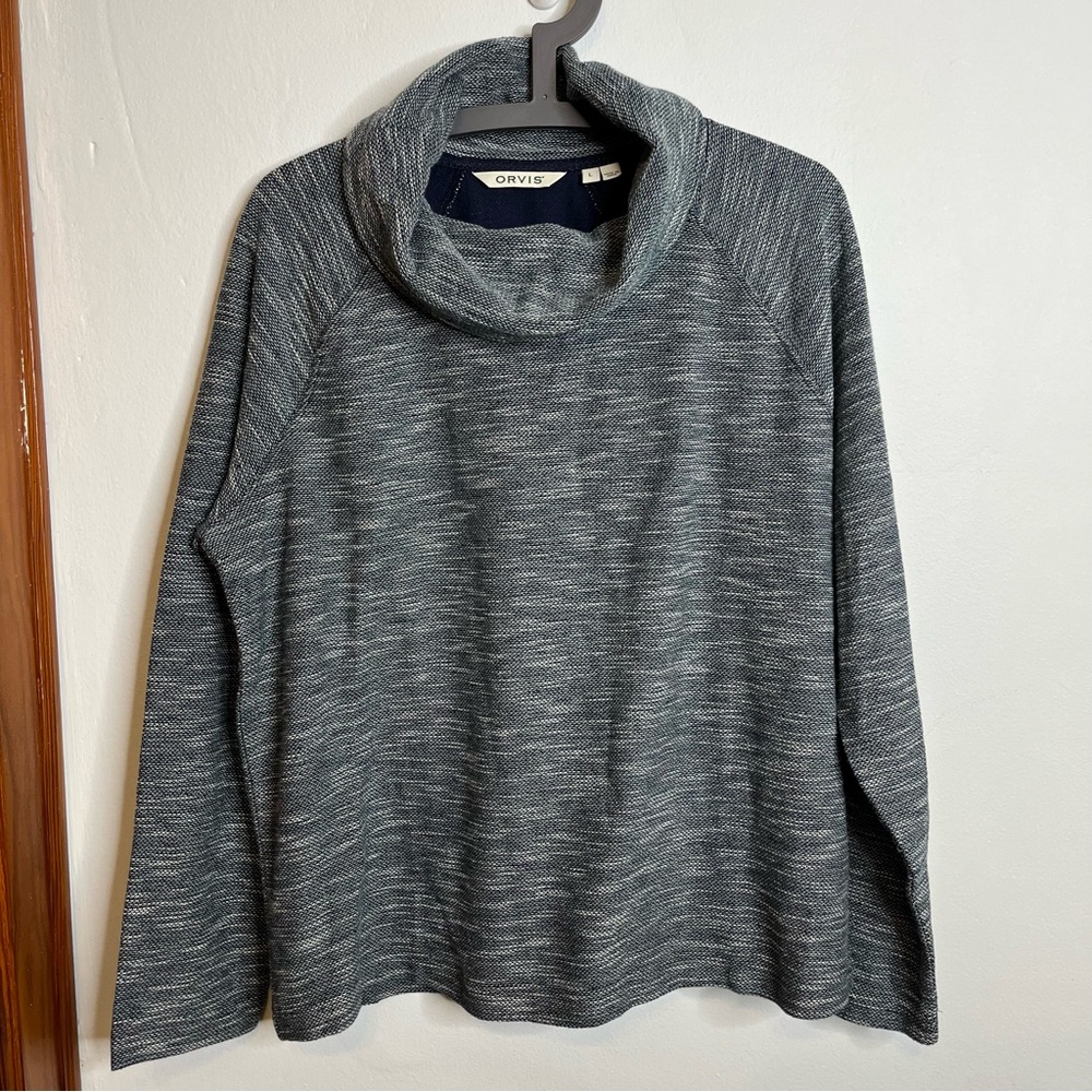 Orvis Cowl Neck Blue Green Long Sleeve 100% Cotton Sweater L EUC